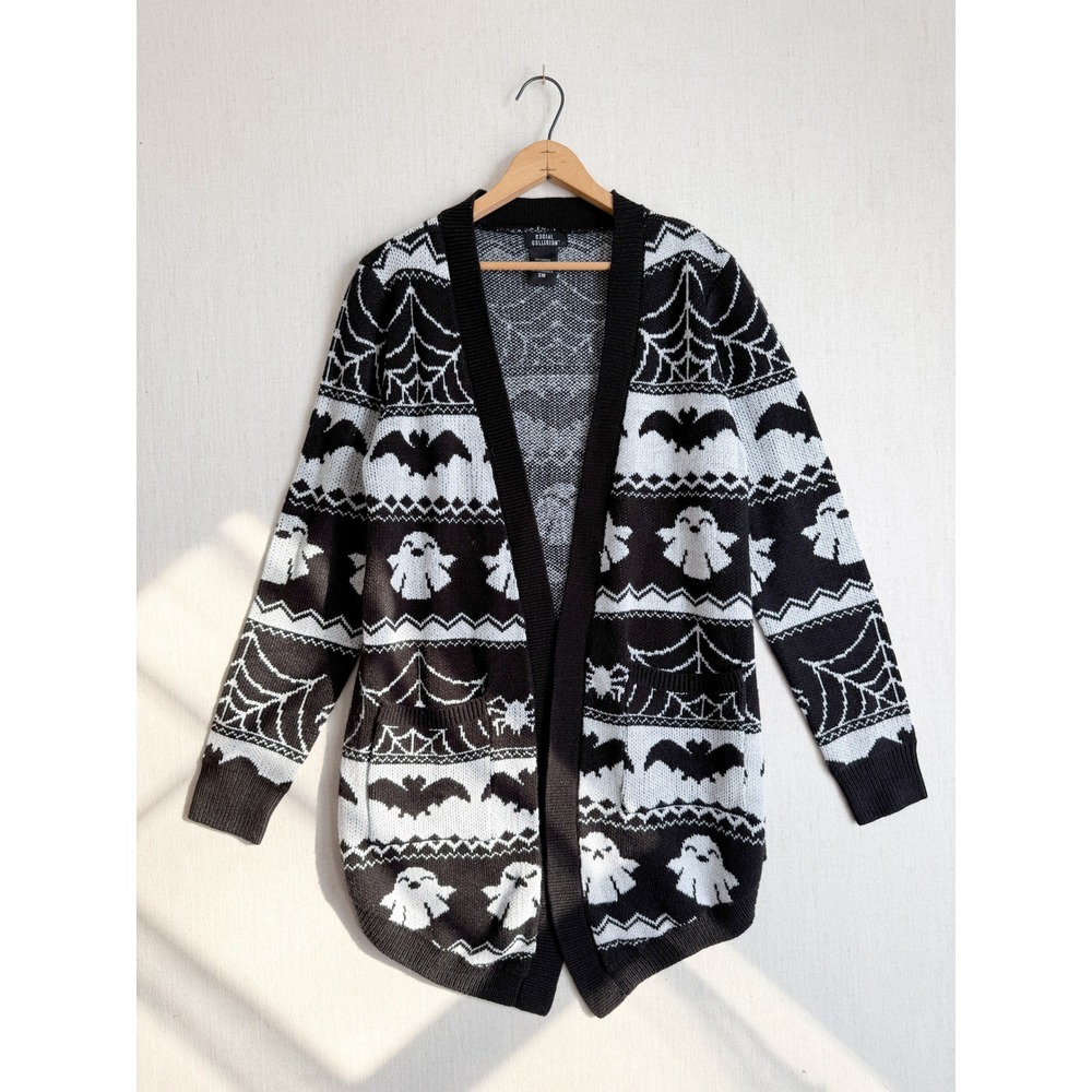 Social Collision Halloween‎ Ghost Bat Spiderweb Cardigan Sweater Black White SM